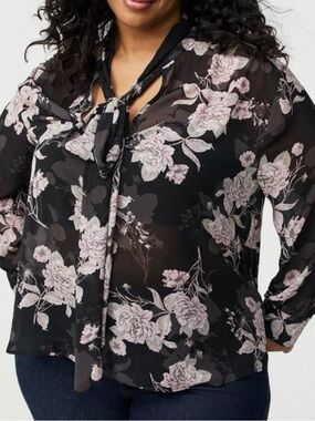 Drop Shoulder Sheer Floral Tie-Neck Blouse - Black with Soft Pink Floral